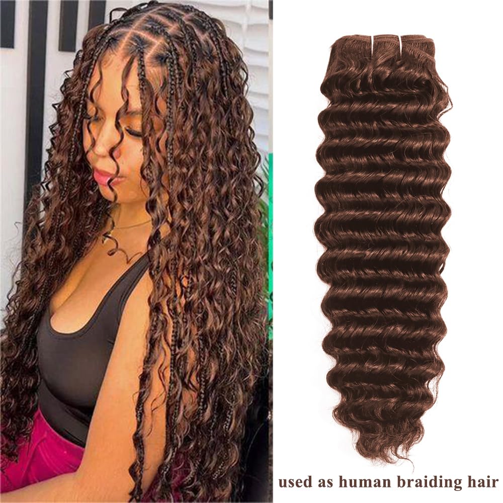 ALLRUN Deep Wave Brown Human Hair Bundles Curly Bundles Chocolate Brown Bundles For Braiding Brazilian Human Hair Bundles Curly Wave Extensions 4# Color 141618 Inch