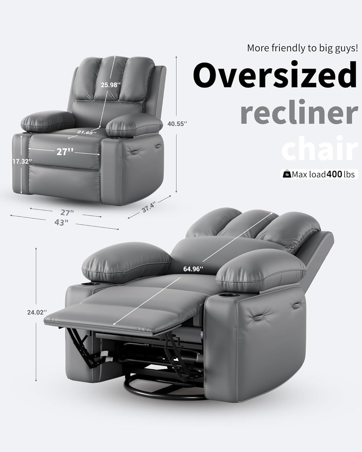 Garvee 27'' Oversized Recliner, Manual Recliner Chair for Adults, PU Leather Single Sofa with with Extra Width, for Nursery, Living Room, and Bedroom, Light Grey