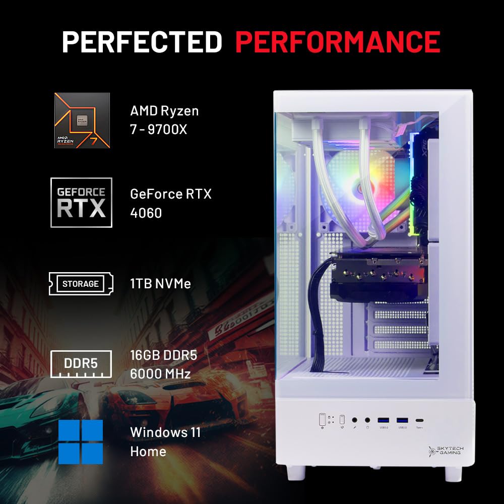Skytech Gaming Azure 3 Desktop PC, Ryzen 7 9700X 3.8 GHz (5.5GHz), NVIDIA RTX 4060 8GB, 1TB NVMe SSD, 16GB DDR5 RAM 6000, 650W Gold PSU, 360mm ARGB AIO, Wi-Fi, Win 11