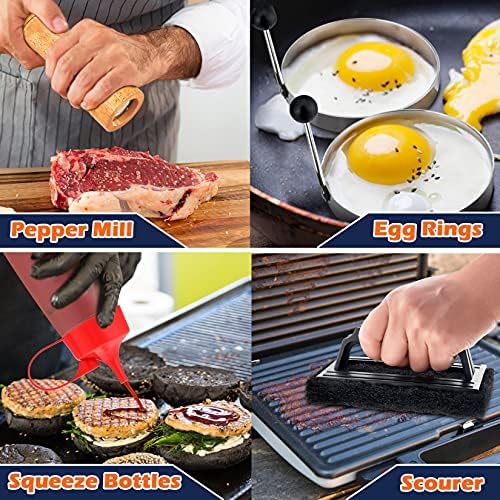 18Pcs Griddle Accessories Kit, Joyfair Stainless Steel Flat Top Grilling Spatula Accessory Tools Set with Basting Cover Burger Press, for Outdoor BBQ Teppanyaki Hibachi Cooking (ABS Handles)