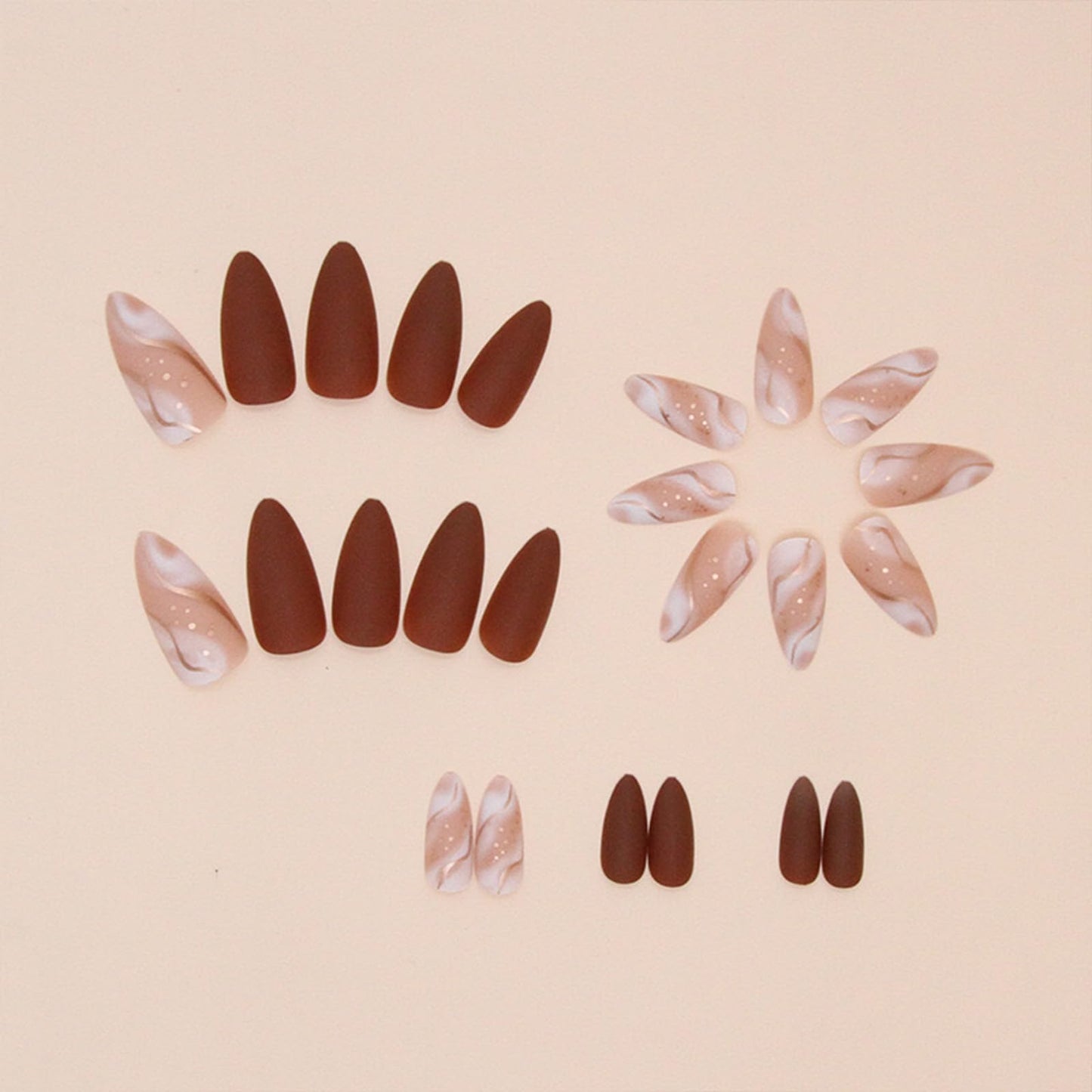 Almond Press on Nails Medium Fake Nails with Designs Brown False Nails Press ons Gold Line Acrylic Glue on Nails Matte Full Cover Cute Artificial Stick on Nails for Women Nails Decorations 24Pcs