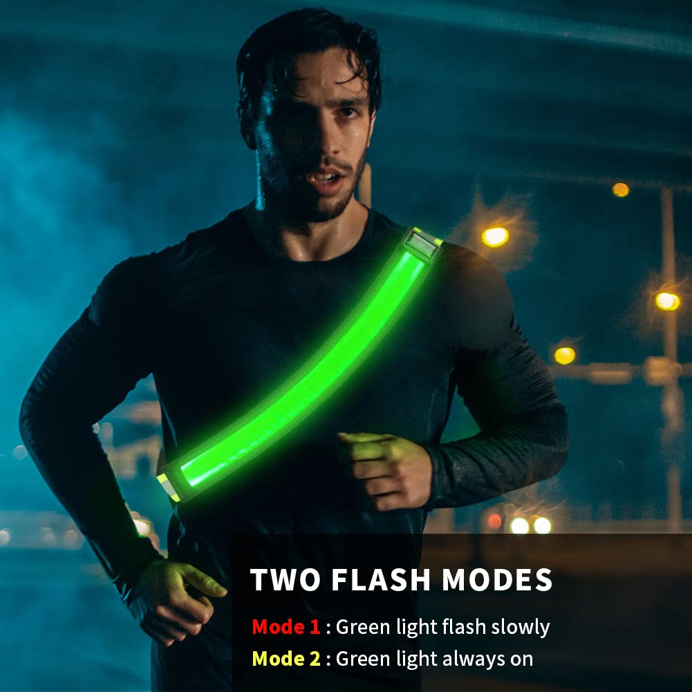 OLIKER LED Reflective Running Gear,High Visibility Reflective Belt Sash with Safety Light,USB Rechargeable Adjustable Size Night Reflective Accessories for Night Outdoor Sports Running Walking (Green)