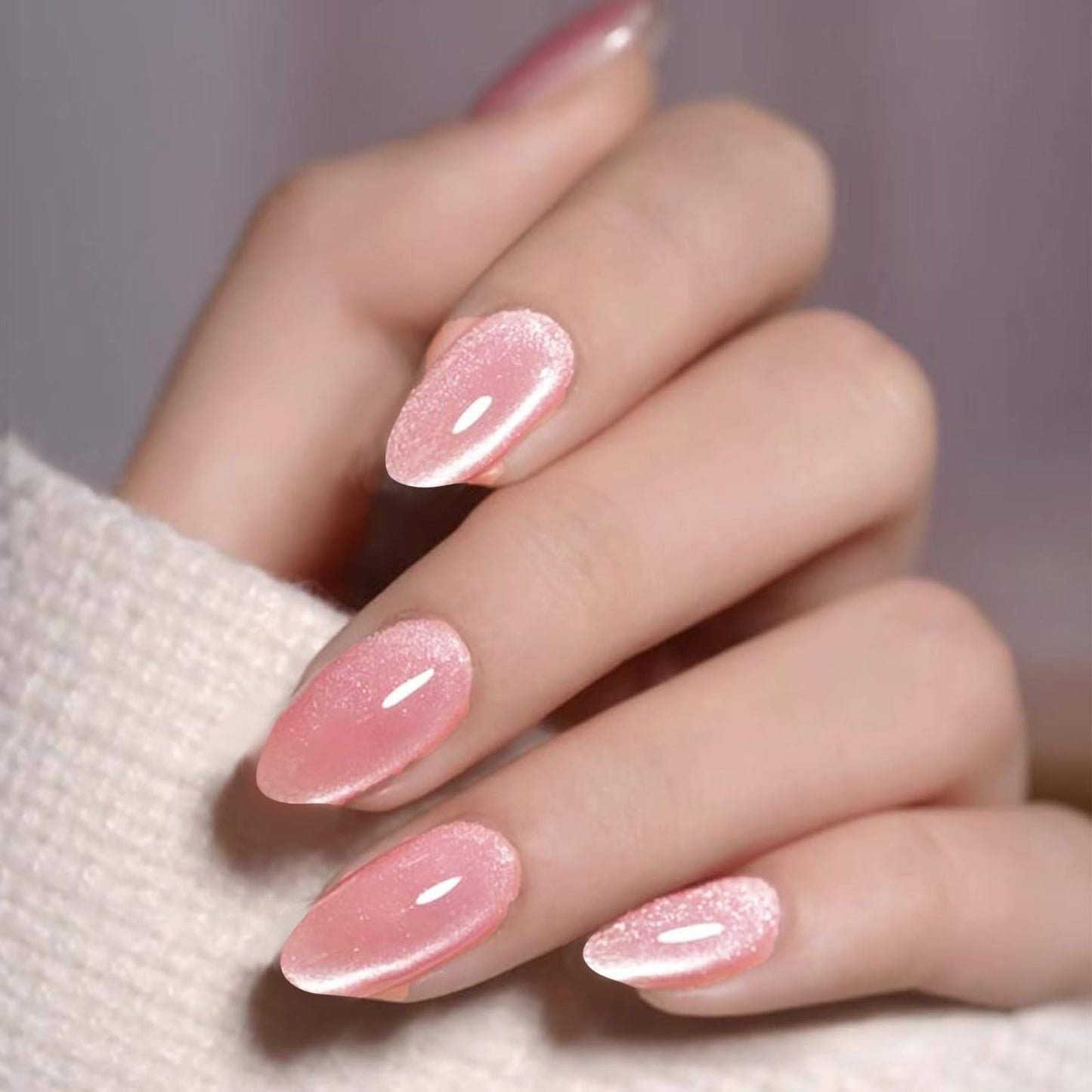 GLAMERMAID Pink Press on Nails Short Almond, Handmade Magnet Cat Eyes Jelly Gel Fake Nail Kits, Ombre Glitter Magnetic Glue on Nail Stiletto, Mermaid Medium Oval Stick on False Nail Set for Women