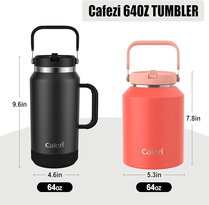 64oz Insulated Water Bottle, Stainless Steel Water Bottles with Flip Straw and Top Handle, Leak Proof, Iced for 34 Hours, 64 oz Tumbler
