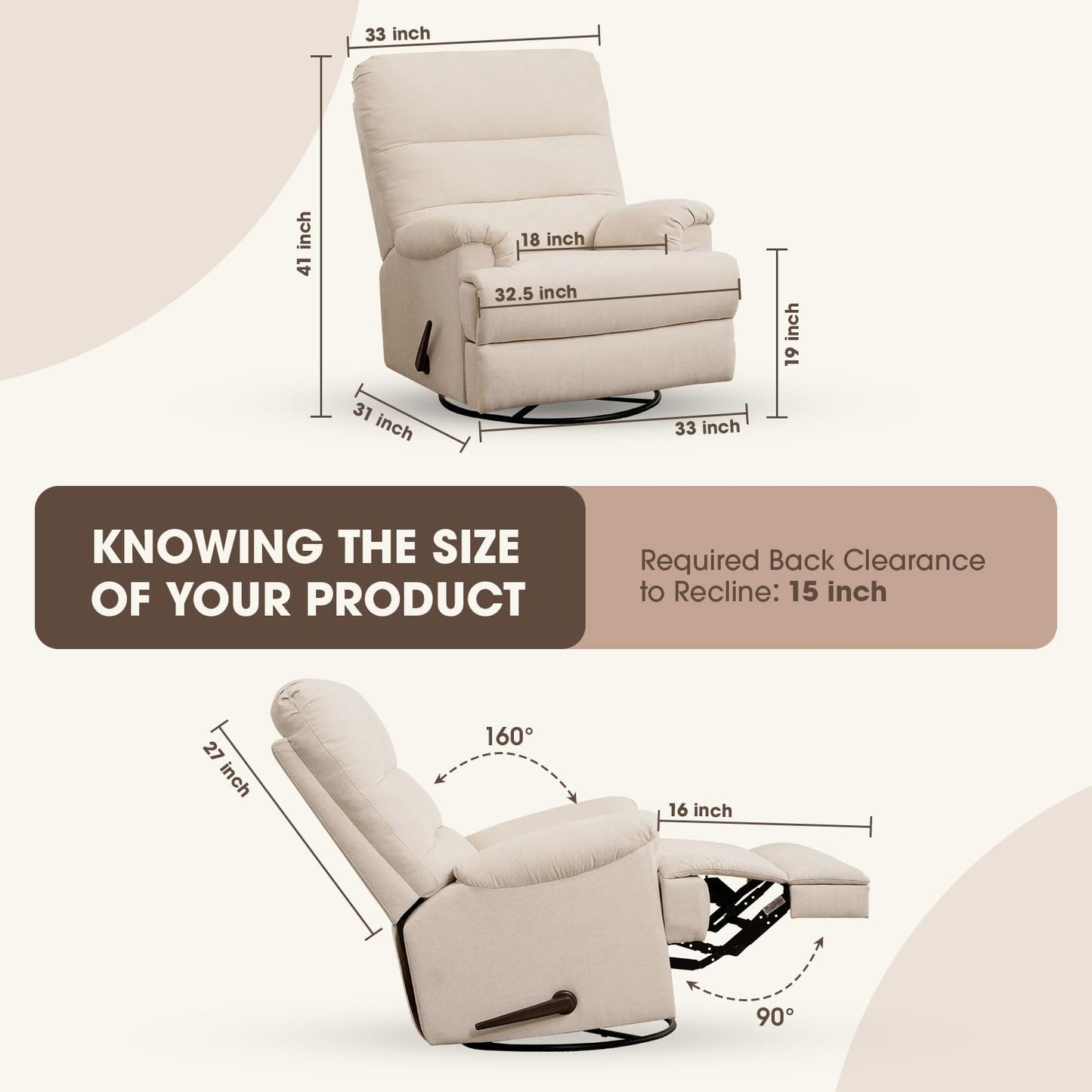Divanus Large Glider Rocker Recliner,Beige Swivel Rocking Recliner Chair,Reclining Sofa Rocking Chair Nursery,23 Inches Deep Seat & 27 inches High Back,for Living Room, Bed Room (Beige)