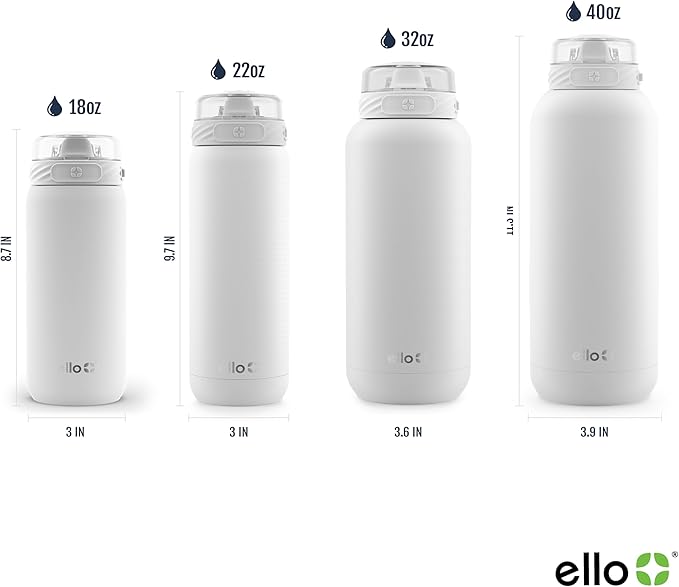 Ello Cooper 22oz Stainless Steel Water Bottle with Straw and Carry Handle, Double Walled and Vacuum Insulated Metal, Leak Proof Locking Lid with Soft Silicone Spout, Reusable, BPA Free, White