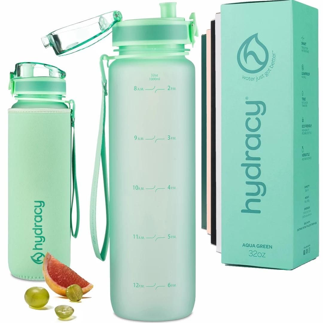Hydracy Water Bottle with Time Marker -Large 32 oz BPA Free Water Bottle & No Sweat Sleeve -Leak Proof Gym Bottle with Fruit Infuser Strainer & Times to Drink -Ideal Gift for Fitness Sports & Outdoors