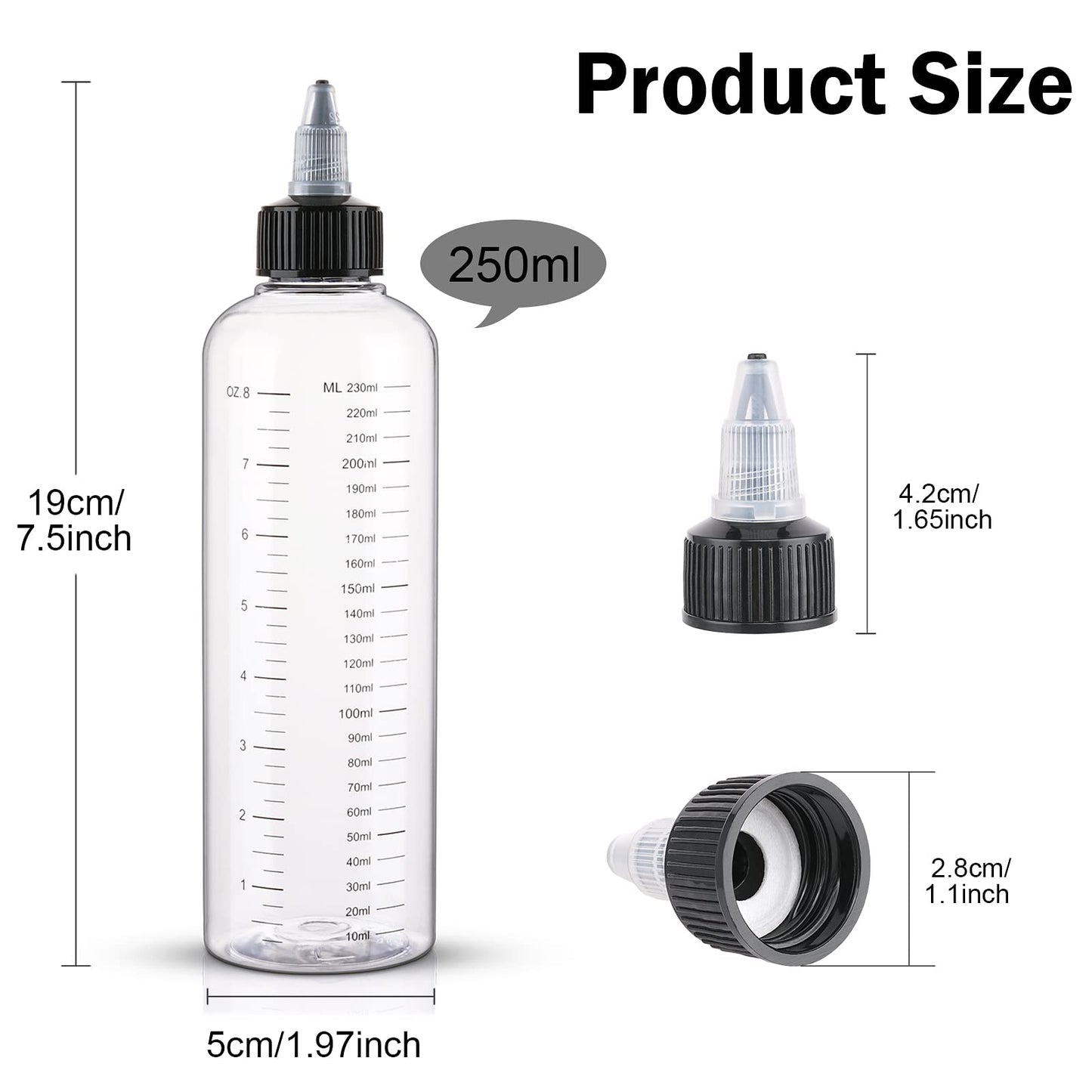 Cosywell Applicator Bottle for Hair Dye 8.5oz 2 Pack With Graduated Scale, Twist-On Top Tip Cap, Empty Plastic Color Oil Squeeze Bottles