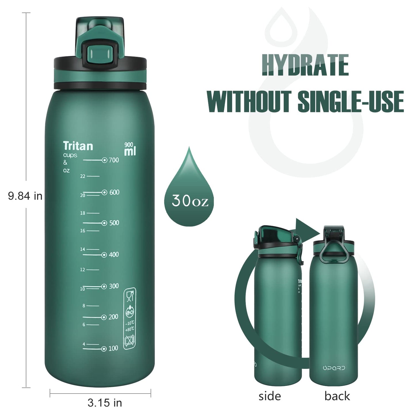 Opard 30oz Sports Water Bottle with Leak Proof Flip Top Lid BPA Free Tritan Reusable Plastic for Gym and Outdoor