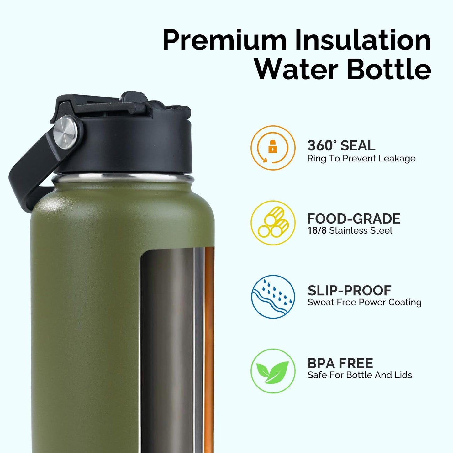 Kerilyn Stainless Steel Insulated Water Bottle, 40oz Double Wall Vacuum Insulated Water Bottle Leak Proof with Silicone Straw, Wide Mouth Lid, BPA Free, Keep Cold and Hot, 40oz, Army Green
