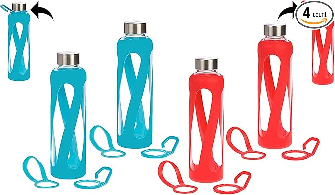1, 2, 3, 4- PACKS - 20 oz Leak Proof, Reusable Pure Borosilicate Tempered Glass Water Bottle, Non-Slip Silicone Sleeve, 2 Attachments: Loop and Hook, Free of BPA, BPS, BPF, PVC, Phthalates