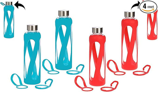 1, 2, 3, 4- PACKS - 20 oz Leak Proof, Reusable Pure Borosilicate Tempered Glass Water Bottle, Non-Slip Silicone Sleeve, 2 Attachments: Loop and Hook, Free of BPA, BPS, BPF, PVC, Phthalates