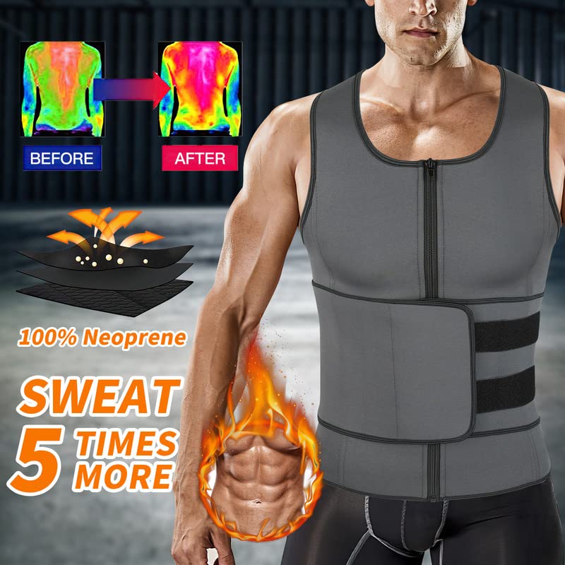 SHAPERIN Sweat Sauna Vest for Men Waist Trainer Body Shaper Zipper Neoprene Tank Top with Adjustable Belt Gray S