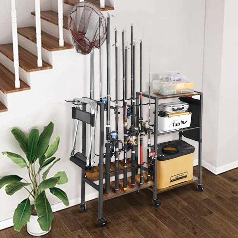 Olakee Fishing Rod Holders Fishing Gear Fishing Equipment Organizers Fishing Pole Holders Fishing Rod Tackle Cart for Garage Home Entryway Corner