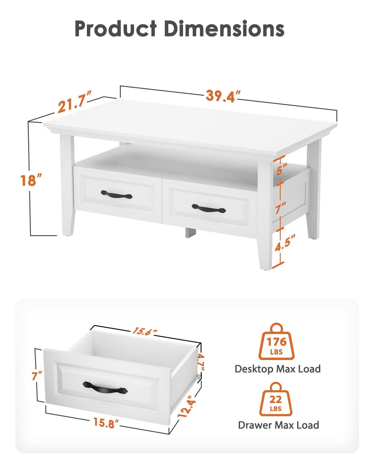 Amada White Coffee Table for Living Room, 39.4" Farmhouse Wood Coffee Table with Storage, Featuring Open Display Shelf, Hidden Drawers, Robotic Vacuum-Friendly, Ideal for Home Office, White