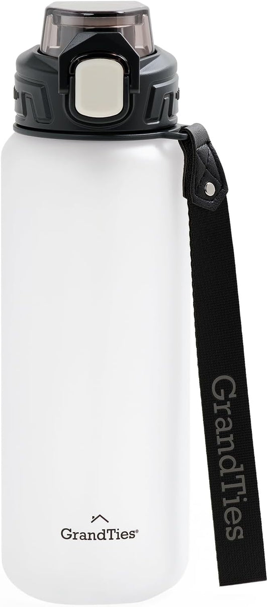 GRANDTIES Sports Tritan Plastic Water Bottle with Straw, Removable – Leakproof BPA Free Dishwasher Safe Travel Water Bottle with Strap for Gym, Outdoor, Fitness (Frosted Snowy White, 28oz (800mL))