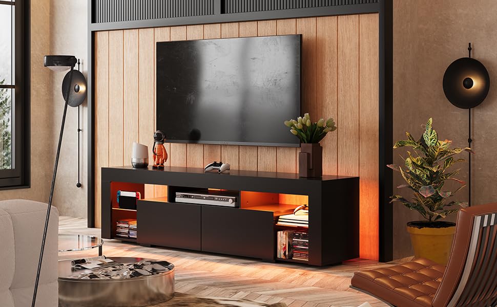 WLIVE 63 Inch TV Stand, LED Entertainment Center for 60 to 70 Inch TV, Modern TV Console with 2 Drawers, TV Stands for Living Room, Black