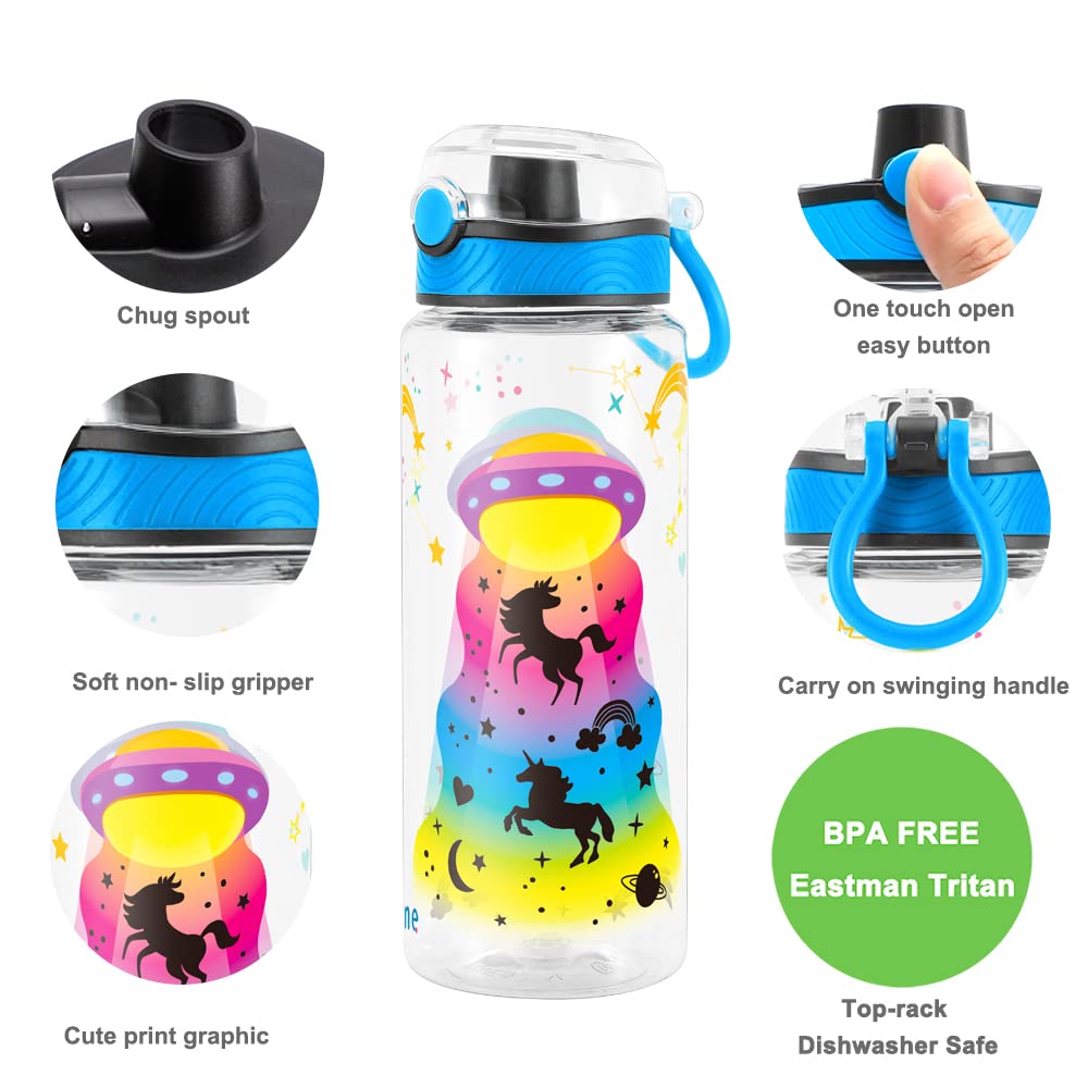 Cute Water Bottle for School Kids Girls, BPA FREE Tritan & Leak Proof & Easy Clean & Carry Handle, 23oz/ 680ml (UFO)