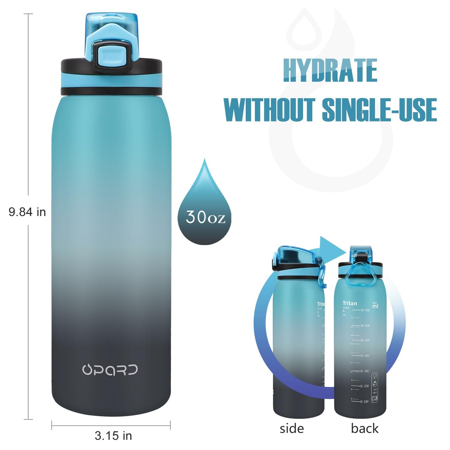 Opard 30oz Sports Water Bottle with Leak Proof Flip Top Lid BPA Free Tritan Reusable Plastic for Gym and Outdoor