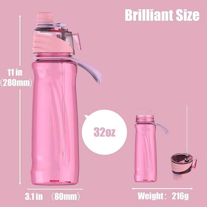 FEIJIAN Mist Water Bottle,32oz Sports Water Bottle with 2-IN-1 Mist & Sip Function, BPA-Free Plastic Water Bottles, Misting Water Bottle, Leakproof & Lightweight, Ideal for Fitness and Outdoor, Pink