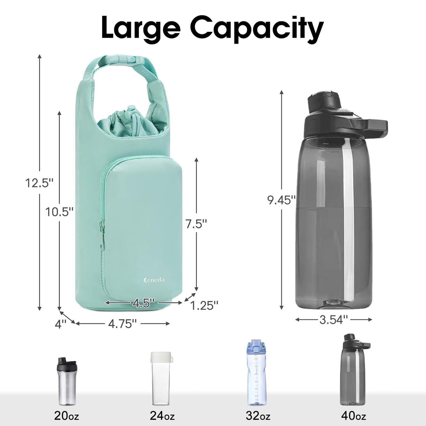 Ceneda Water Bottle Carrier Bag with Phone Pocket 32oz 40oz Tumbler Insulated Water Bottle Holder with Adjustable Shoulder Strap Carrier Sling Bag (Mint Green)