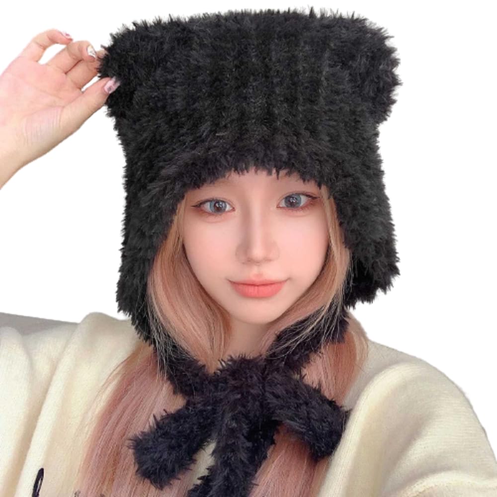 ANKOMINA Winter Cute Bear Ear Warm Hat Women Plush Earflap Beanie Hat Kids Girls Windproof Skull Cap B Black
