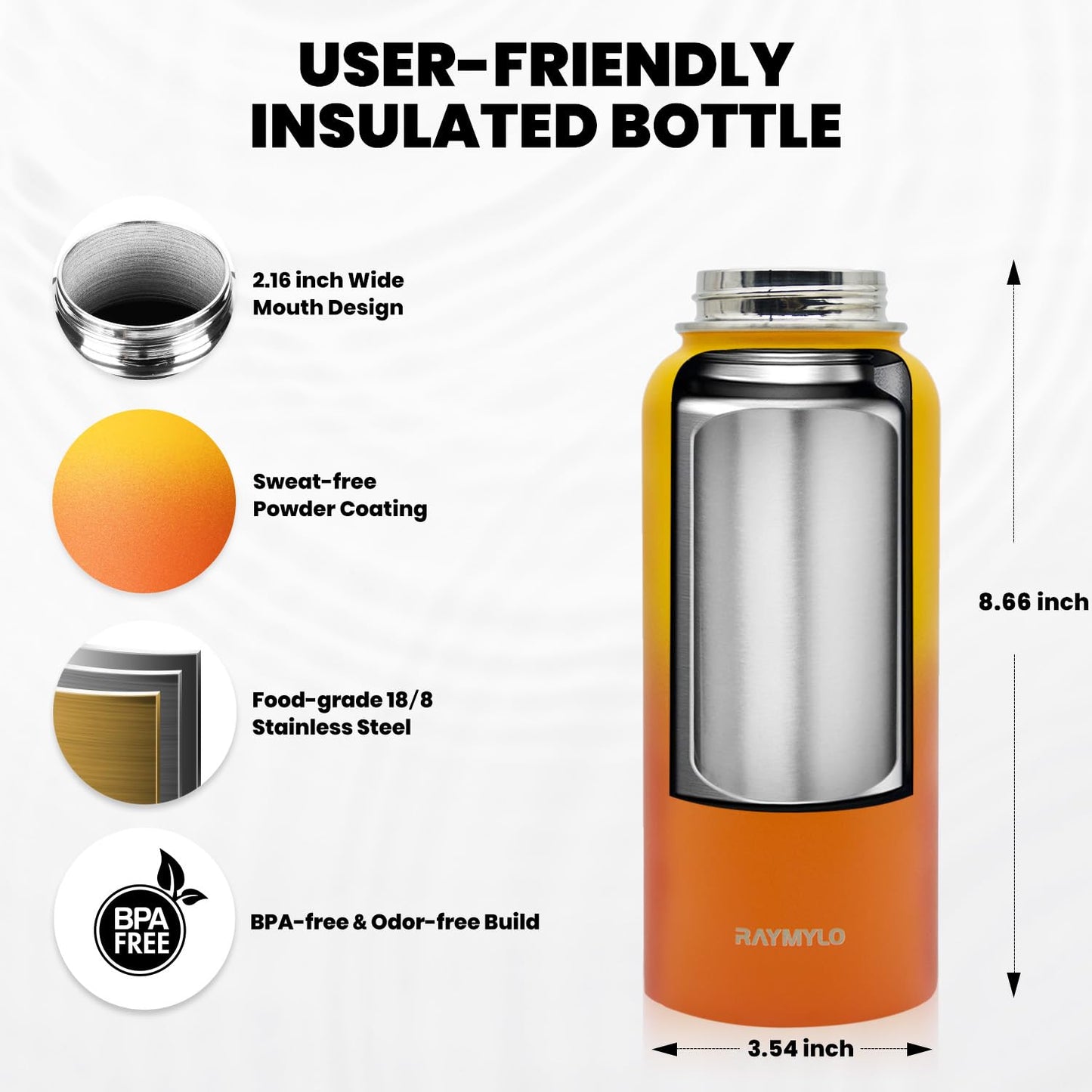 RAYMYLO Insulated Water Bottle 32 oz, Triple Wall Vacuum Stainless Steel (Cold for 48 Hrs), Leak Proof & Non-BPA, Modern Water Flask Jug with Paracord Handle & Straw Spout Lids, Ombre Orange