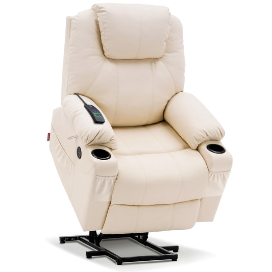 MCombo Power Lift Recliner Chair for Elderly, Lift Chair with Heat and Massage, FSC Certified, USB Ports, Cup Holders, Faux Leather 7040 (Cream White, Medium)
