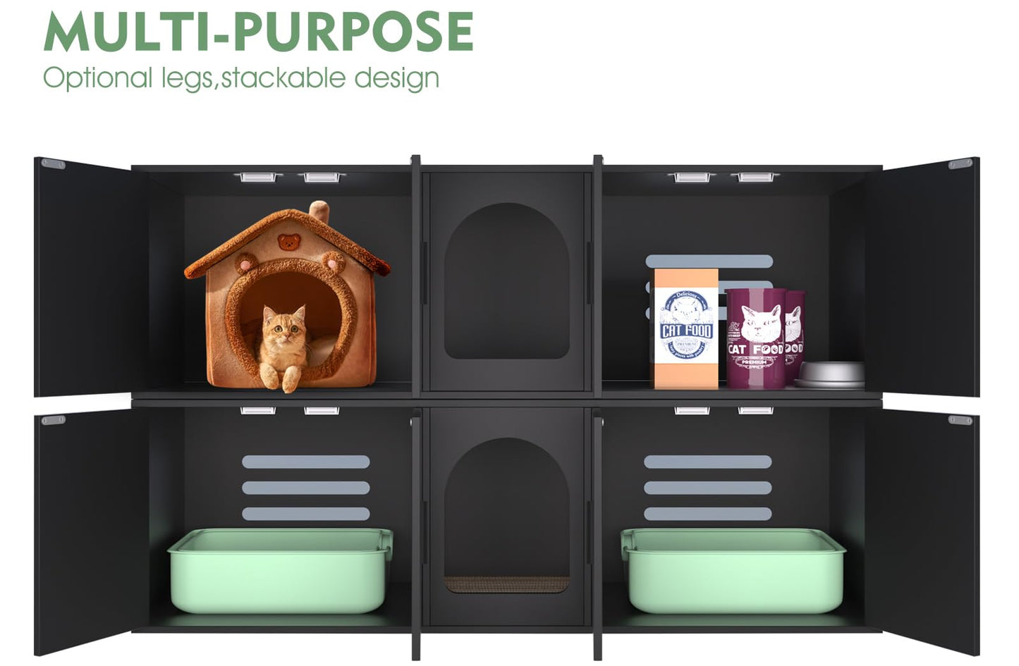 Amunrbrek Double Litter Box Enclosure, Litter Box Enclosure for 2 Litter Boxes, Modern Litter Box Furniture for 2 Cats, with Cat Door & Motion Light (Black)