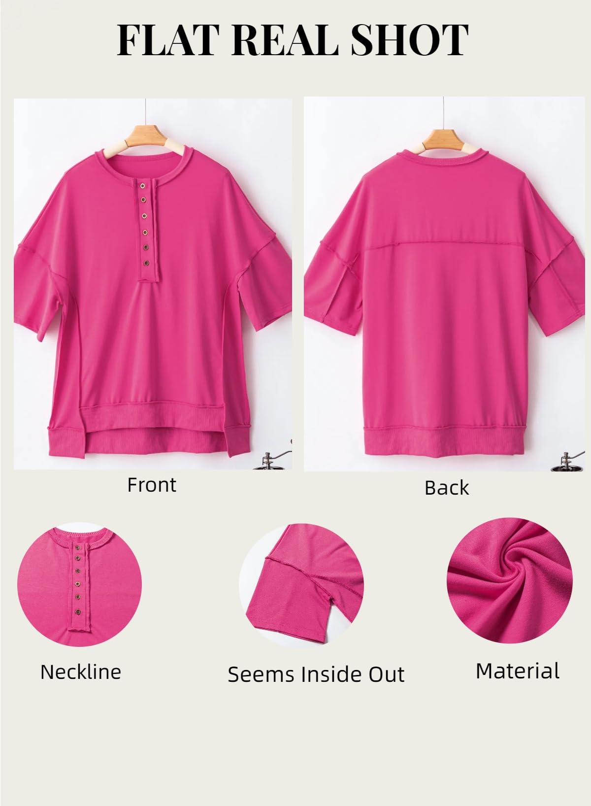 AlvaQ Women's Oversized Shirts Short Sleeve Sweatshirt Henley Neck Summer Tops Casual Loose Basic Tee Shirts 2024 Trendy Clothes Tunic Blouse Rose Large