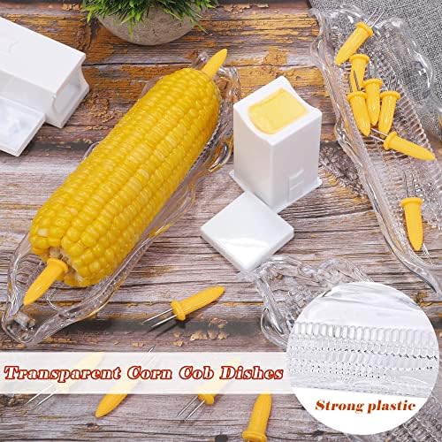 Aodaer 22 Pieces Corn Cob Holders and Dish Set with 2 Corn Butter Spreaders Transparent Service Tray Corn Dish Plastic Corn Trays Corn on The Cob Skewer BBQ Tool Cob Dinnerware for Sweet Butter Corn