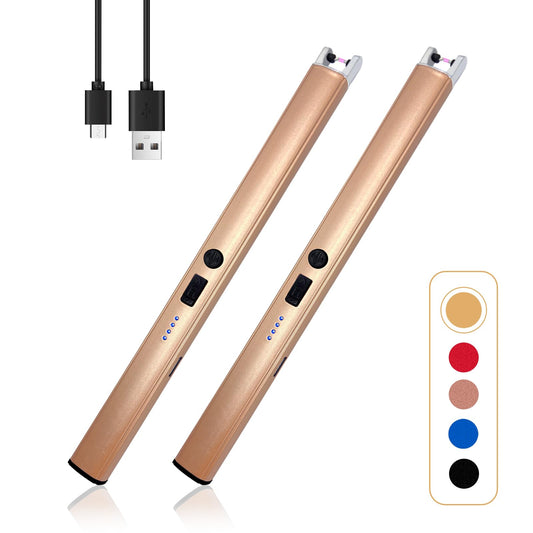 2 PCS Candle Lighter,Windproof Flameless Electric Lighter with LED Power Display & Safety Switch, Upgraded Plasma USB Rechargeable Lighters for Birthday Camping BBQ (Champagne Gold)