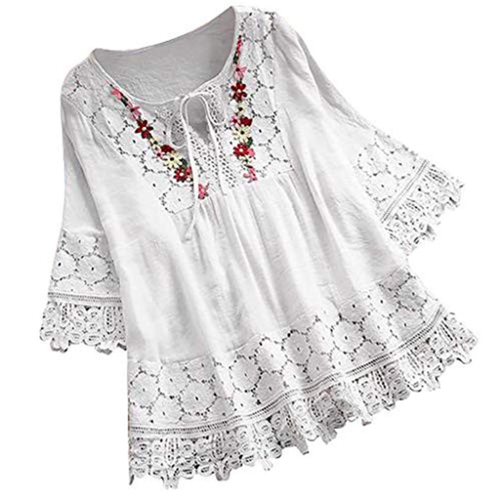 Aniywn Women Round Neck Lace Up Lace Patchwork Flare Pullover Top Casual Plus Size 3/4 Sleeve Floral Printed T-Shirt White