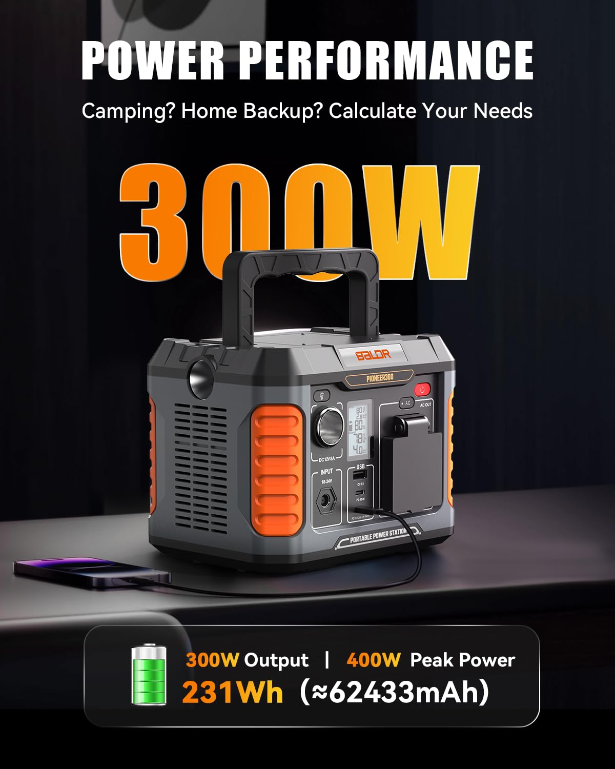 BALDR Portable Power Station 300W, 231Wh Solar Generator Backup Lithium Battery Power Supply, 120V Pure Sine Wave AC Outlet, QC 3.0, Type C Input/Output, for Home Camping Emergency…