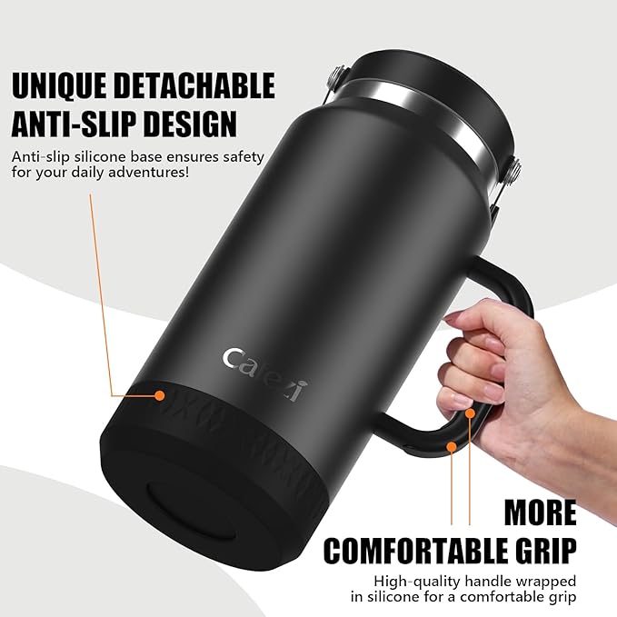 64oz Stainless Steel Water Bottle with Flip Straw - Leak-Proof, Sweat-Free, Top and Side Handle, Anti-Slip Base, Iced for 34 Hours, Dishwasher Safe - Water Jug for Sports Events, Beach Days