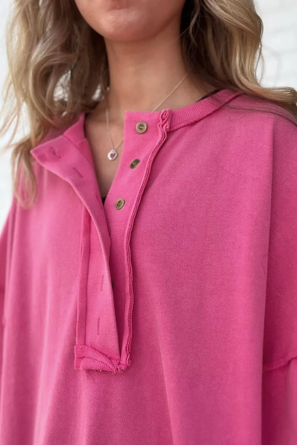 AlvaQ Women's Oversized Shirts Short Sleeve Sweatshirt Henley Neck Summer Tops Casual Loose Basic Tee Shirts 2024 Trendy Clothes Tunic Blouse Rose Large