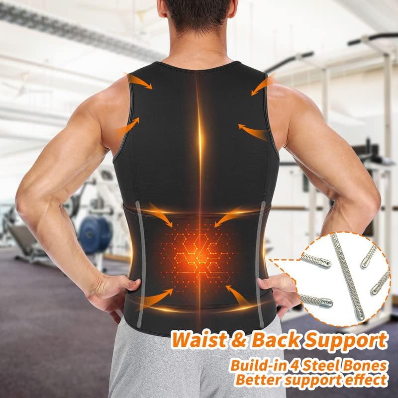 SHAPERIN Sweat Sauna Vest for Men Waist Trainer Body Shaper Zipper Neoprene Tank Top with Adjustable Belt Black S