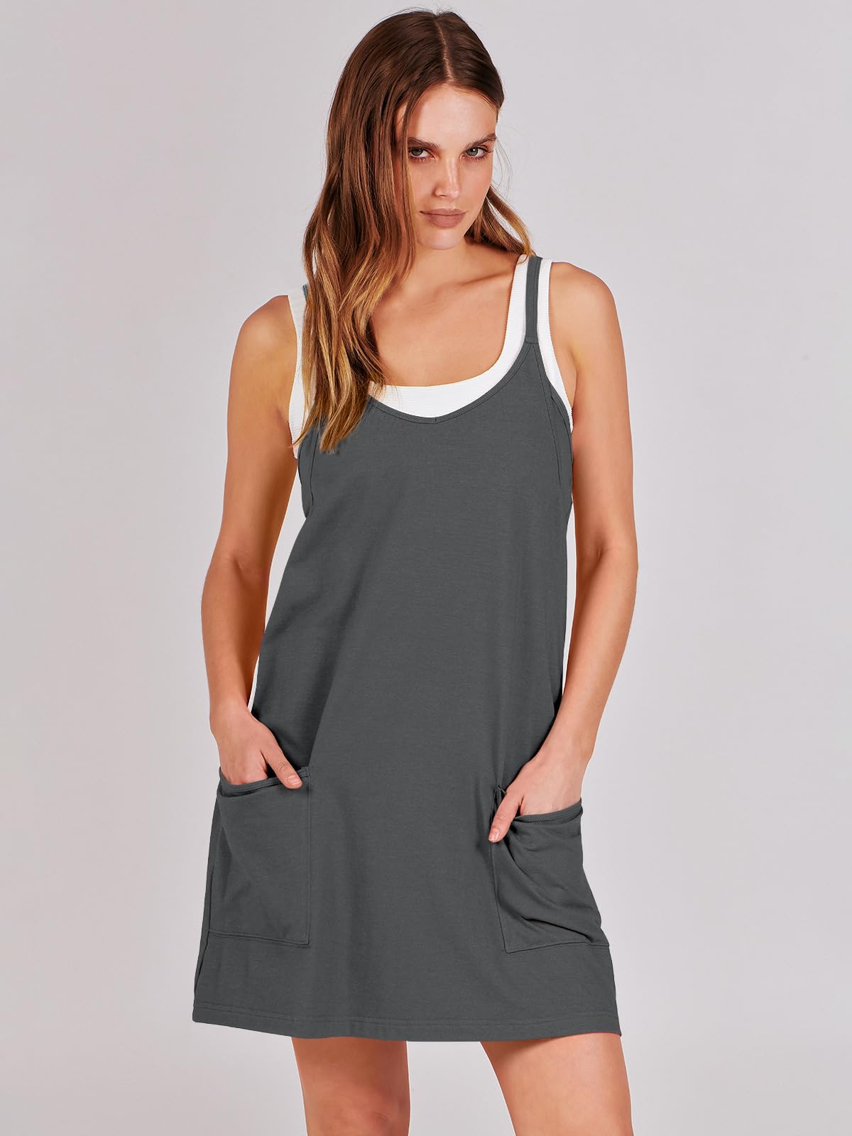 ANRABESS Women Summer Mini Romper Dress Workout Tennis Active Sports Athleisure Outfits Built in Shorts Trendy Vacation Gray X-Smal