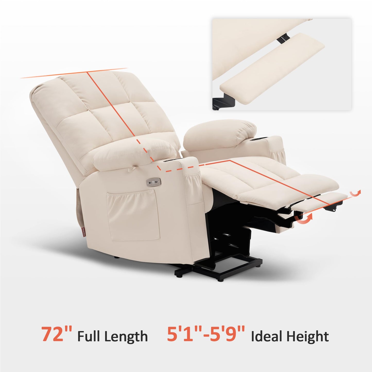 MCombo Medium Lay Flat Dual Motor Power Lift Recliner Chair Sofa with Massage and Heat for Elderly People, Infinite Position, Faux Leather 7679 (Cream White, Medium)