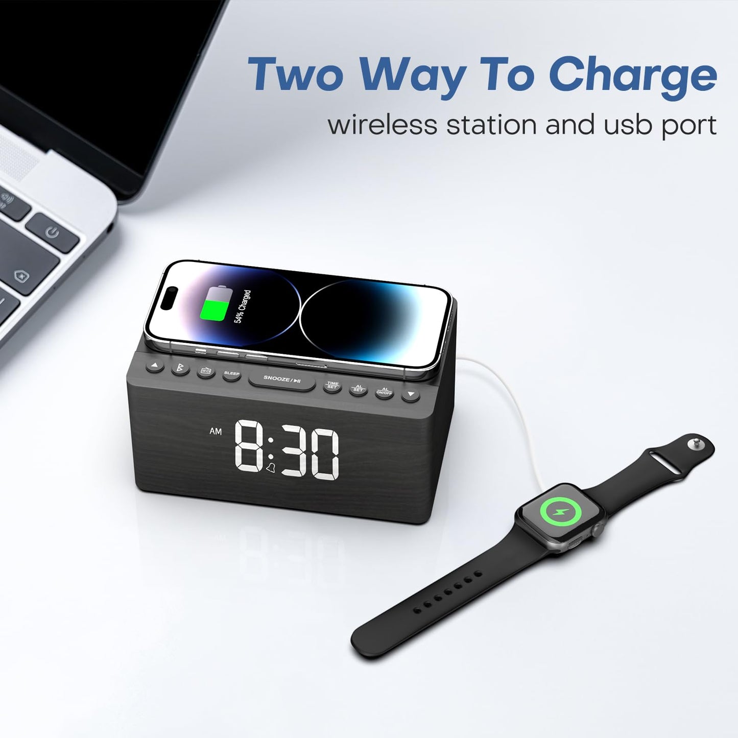 ANJANK Wooden Bluetooth Speaker, Alarm Clock with FM Radio, Qi Certified Fast Wireless Charging Station for iPhone/Samsung, USB Charger Port, Dimmable Display, Digital Wood Clock for Bedroom, Bedside