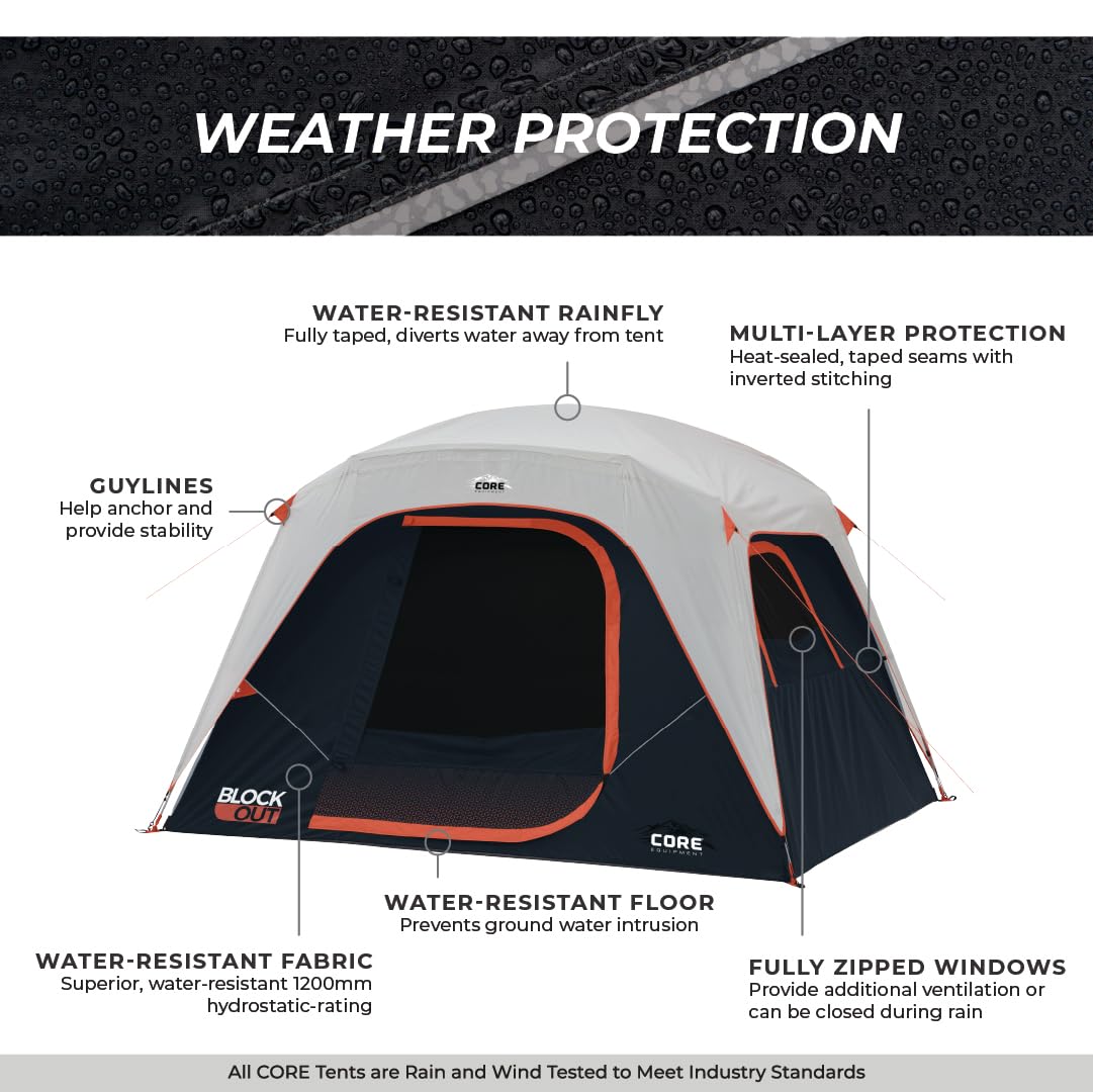 CORE Blackout 6 Person Dome Tent | Portable Car Camping Outdoor Family Dark Room Tent | Included Wall Organizer for Camping Accessories