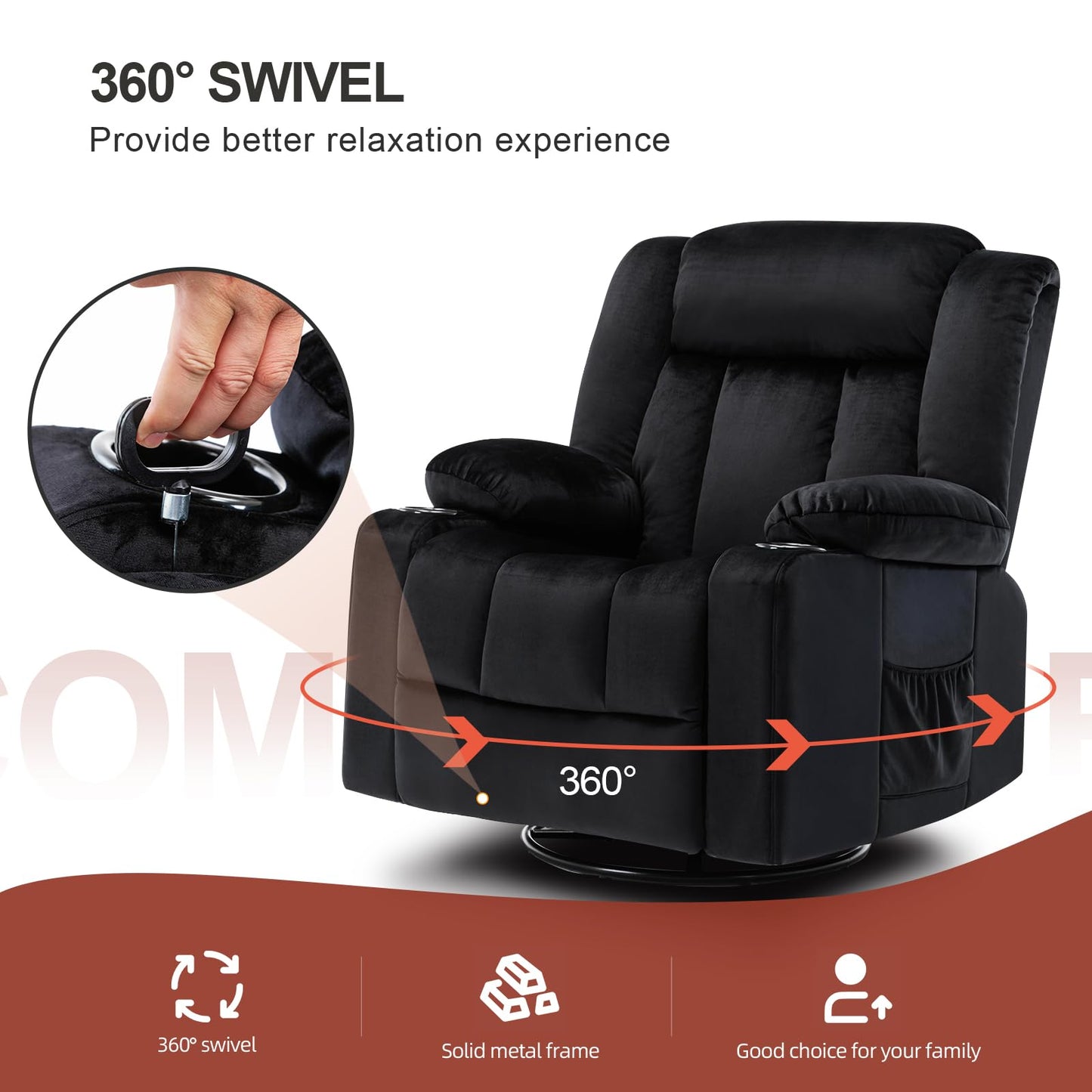 COMHOMA Recliner Chair,360° Swivel Rocker Glider Recliners with Cup Holders, Upholstered Fabric Rocking Chair for Adults,Manual Reclining Single Sofa for Living Room,Black