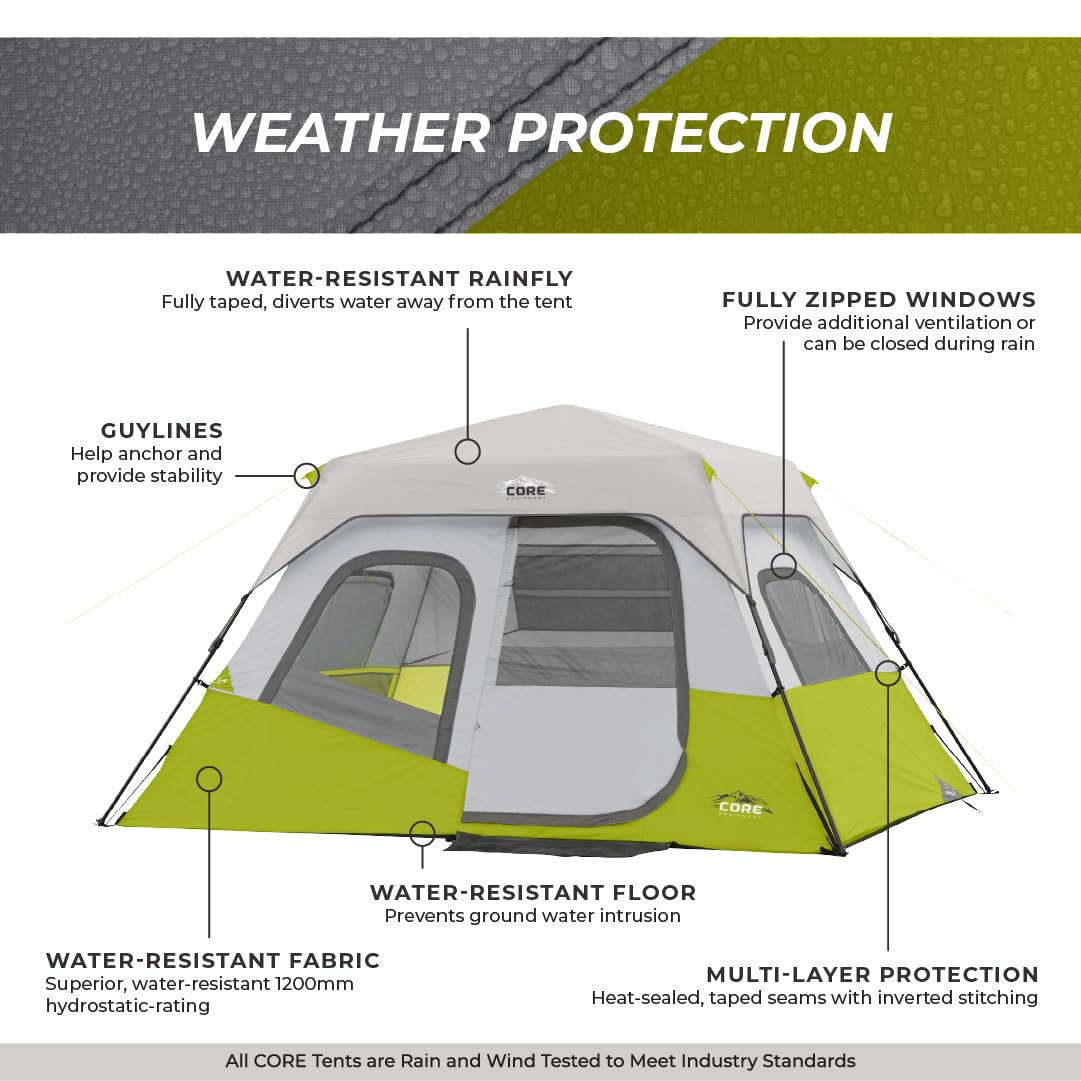 CORE 6 Person Instant Cabin Tent | Portable Large Pop Up Tent with Easy 60 Second Camp Setup for Family Camping | Included Hanging Organizer for Outdoor Camping Accessories