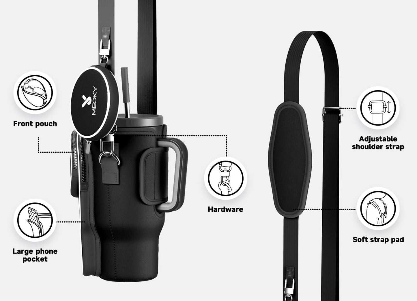 Meoky Water Bottle Carrier Bag with Phone Pocket for 40 oz Tumbler with Handle, Neoprene Water Bottle Holder Pouch with Adjustable Strap, 2 Carabiner Clips (Night)