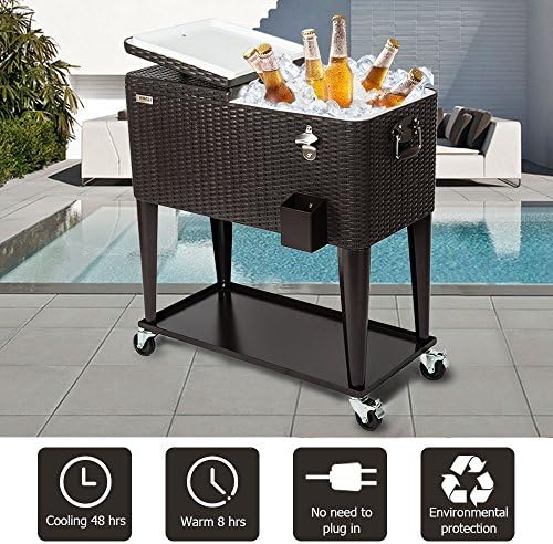 VINGLI 80 Quart Rolling Ice Chest, Portable Patio Party Bar Drink Cooler Cart, with Shelf, Beverage Pool with Bottle Opener (Brown)