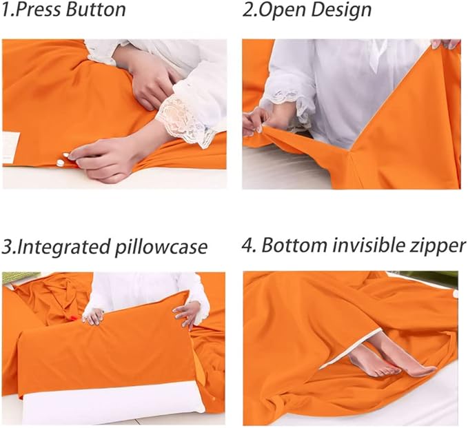 Bag Liner Lightweight Compact Bonng Bag Sack Portable Clean Travel Sheet with Zippered Opening for The Feet Camping Sleep Sheet for Backpacking Hotel& Hiking (Orange, 82.7'' X 70.9”)
