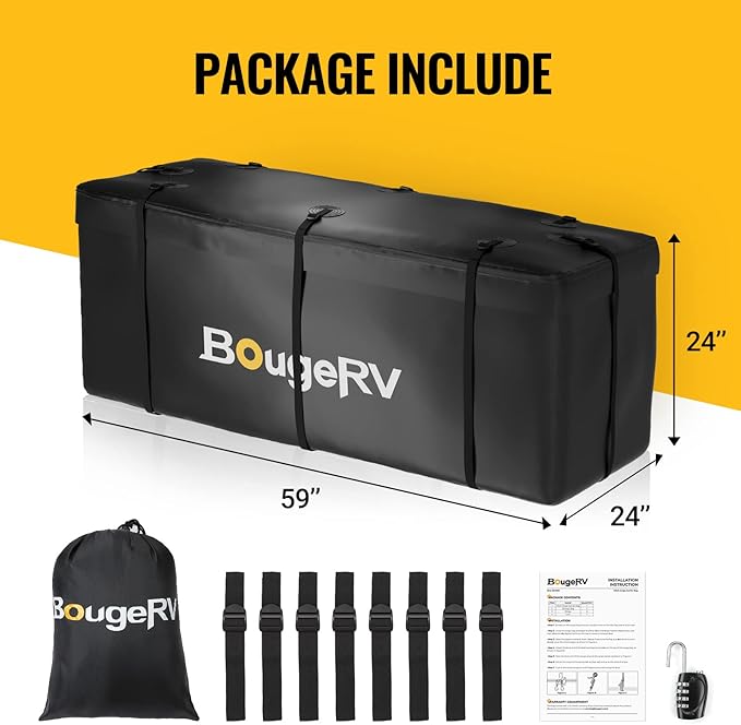BougeRV Hitch Cargo Carrier Bag with Lock Waterproof Soft Shell 20 Cubic Feet (59" 24" 24") Cargo Bag for Hitch Carrier Include 8 Reinforced Straps for Truck Pickup RV All SUV with Hitch Cargo Basket