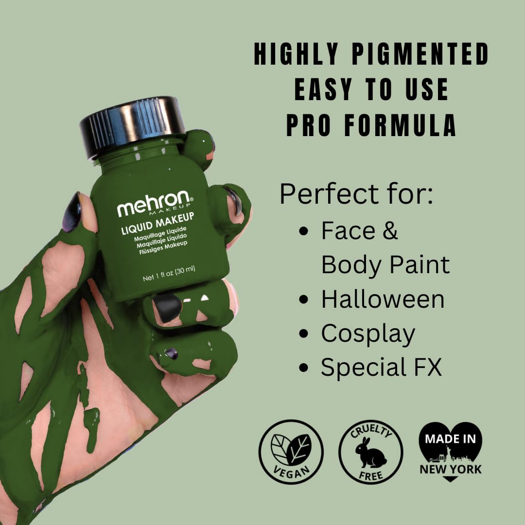 Mehron Makeup Liquid Makeup | Face Paint and Body Paint Perfect for Halloween, Cosplay I Air Brush Compatible Body Paint (1 oz) (GREEN)