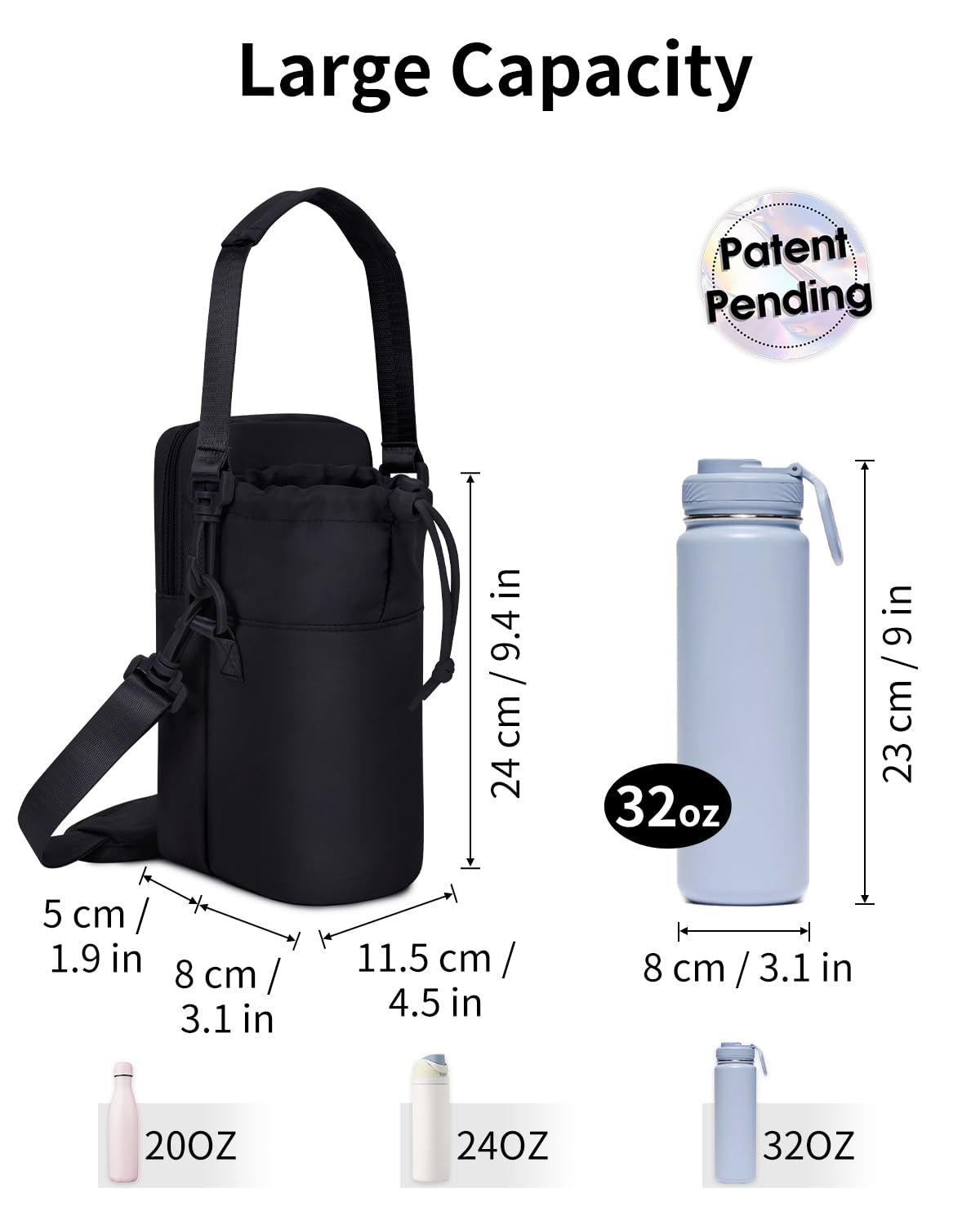 Wandering Nature Water Bottle Holder with Strap 32oz Insulated Water Bottle Carrier Sling Bag with Phone Pocket Water Bottle Pouch for Hiking Walking (Patent Pending)