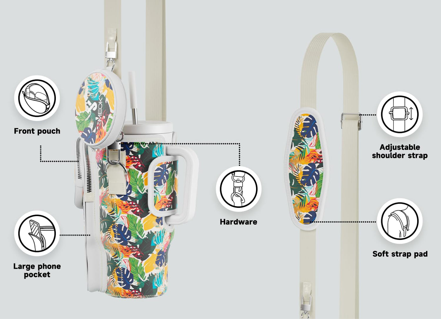 Meoky Water Bottle Carrier Bag with Phone Pocket for 40 oz Tumbler with Handle, Neoprene Water Bottle Holder Pouch with Adjustable Strap, 2 Carabiner Clips (Leaf)